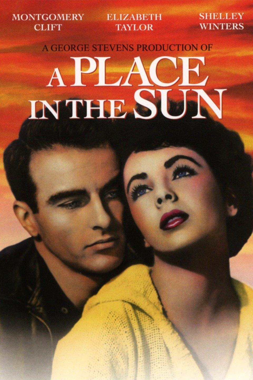 A Place In the Sun movie poster. Montgomery Clift and Elizabeth Taylor stand cheek to cheek in front of a orange sunset background.