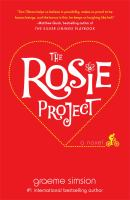 Book cover for the Rosie Project by Graeme Simsion. Title within a yellow lined heart against a red background, small illustration of someone on a bike in the bottom right corner