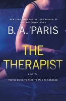 Book Cover for The Therapist by B. A. Paris. Image is of a woman sitting on a couch, pictured from the neck down.