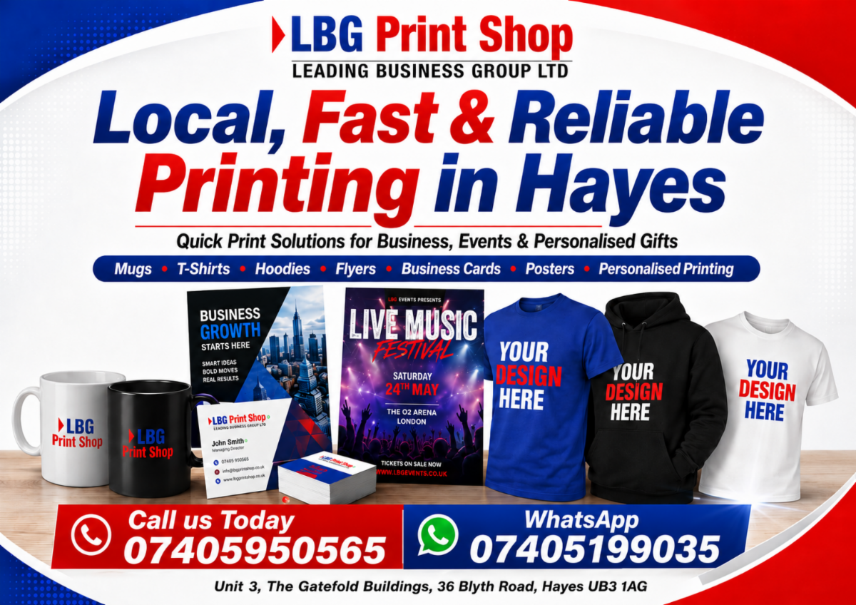 LBG Print Shop promotional banner for local, fast and reliable printing in Hayes, showing mugs, flyers, business cards, posters, T-shirts and hoodies with call and WhatsApp contact numbers.