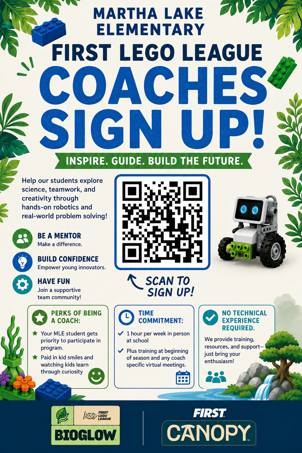 Martha Lake Elementary FIRST LEGO League coach sign-up flyer: one hour per week in person, no technical experience required, training and resources provided.