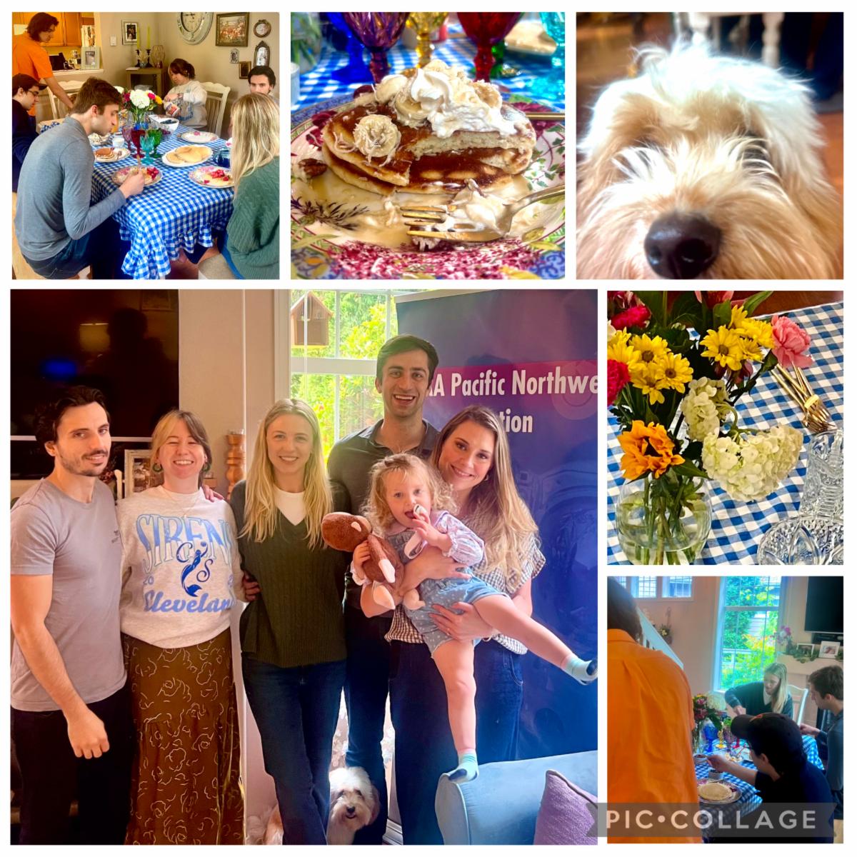 Collage from the volunteer pancake breakfast: members around a gingham-covered table, a tall stack of pancakes with whipped cream, a small white dog, and a group photo in front of the AIAA Pacific Northwest Section banner.