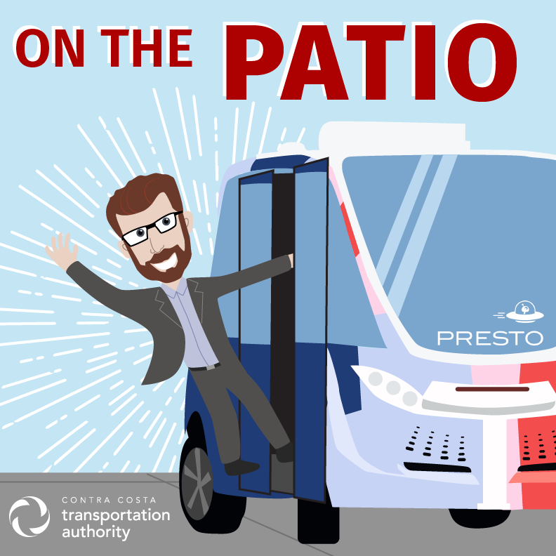 Cartoon drawing of a man (CCTA Executive Director Tim Haile) leaning out from a vehicle