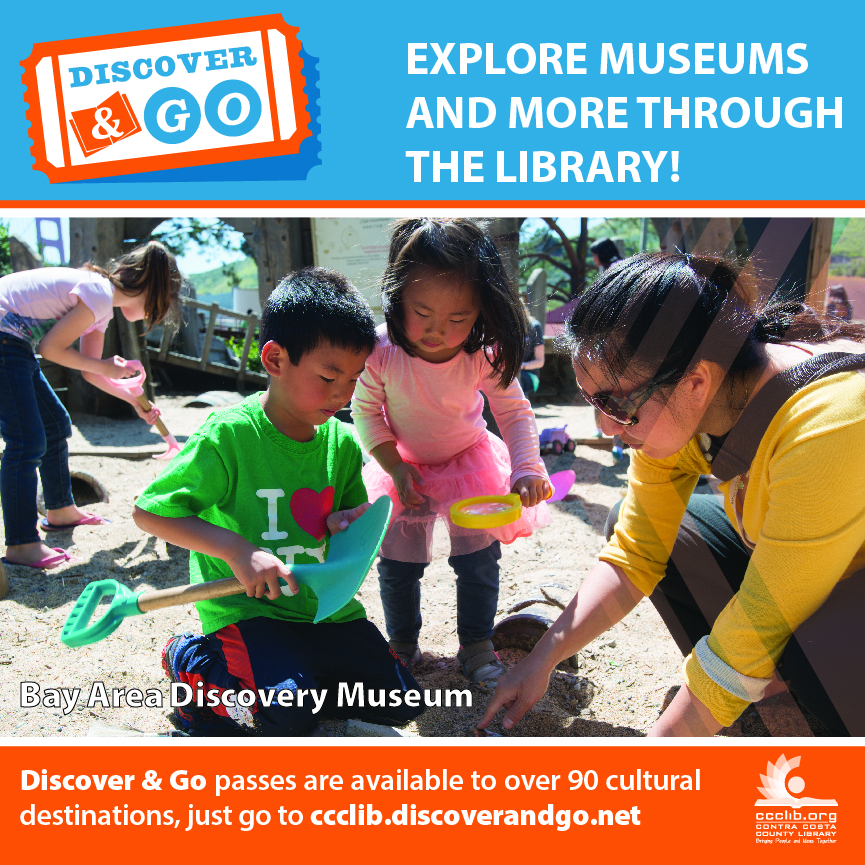 Discover & Go flyer showing two children and an adult at a children's museum