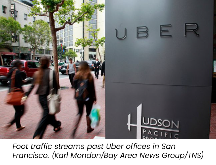 Foot traffic streams past Uber offices in San Francisco.