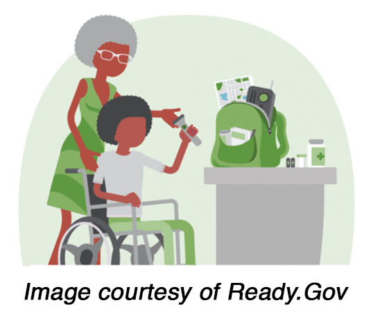 Illustration of an older adult and a person using a wheelchair preparing emergency supplies, including medications, documents, a radio, and first-aid items. Text reads â€œImage courtesy of Ready.Gov.â€