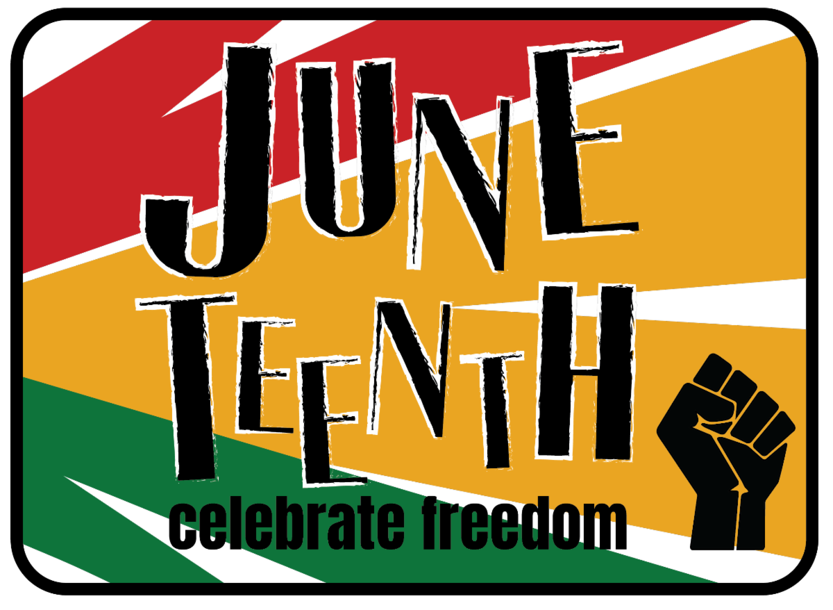 Juneteenth graphic with bold text reading âJUNE TEENTH,â a raised fist icon, and the phrase âcelebrate freedomâ over red, yellow, and green geometric shapes.