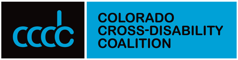 Logo of Colorado Cross Disability Coalition with lowercase ccdc in blue on black background and organization name in black text on blue background.