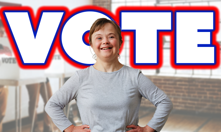 Smiling woman with hands on hips stands in front of large bold word VOTE outlined in red and blue.