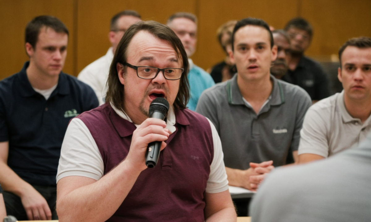 Man with microphone speaking at a conference focused audience in background
