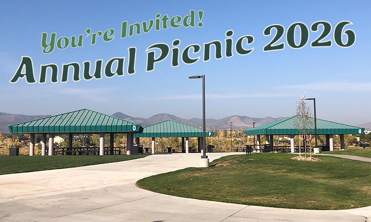Annual Picnic 2026 invitation over a photo of park shelters with mountains in the background