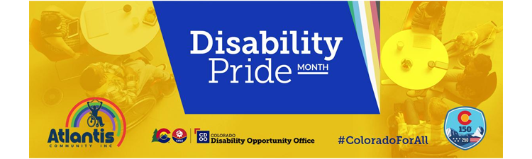 Yellow Disability Pride Month banner with partner logos over photos of people gathered around tables.