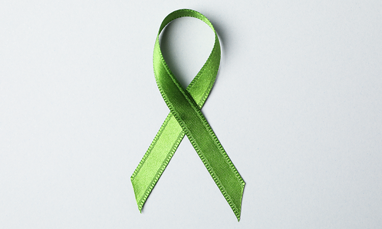 Green awareness ribbon on a white background.