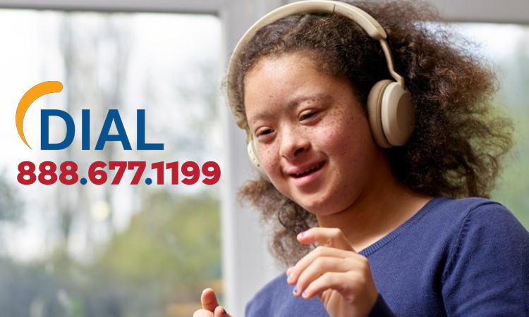 A young woman with curly hair wearing headphones and a blue sweater is smiling and gesturing while looking at something. The background shows a window with blurred trees. The DIAL logo and phone number 888 677 1199 are displayed.
