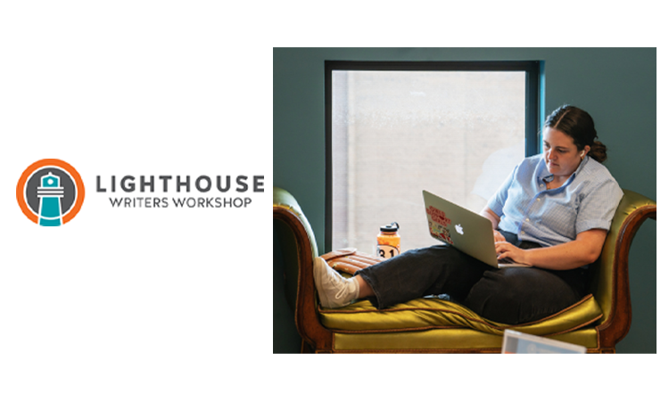 Lighthouse Writers Workshop logo beside a person seated on a couch using a laptop.