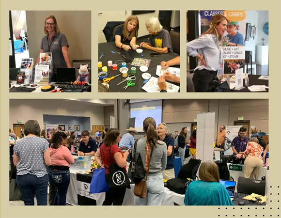 Collage of an assistive technology expo, with attendees browsing information booths, talking with exhibitors, and participating in hands-on activities.