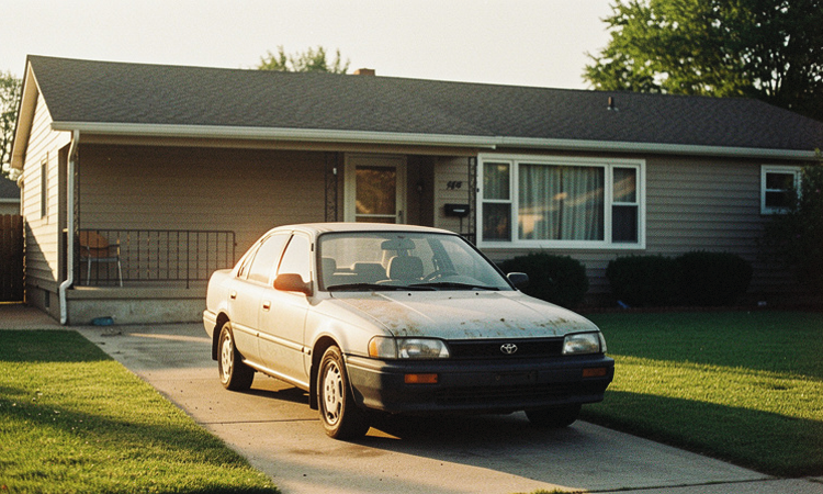 A beige Toyota sedan is parked in the driveway of a single story home.