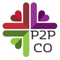 Colorful abstract logo made of interlocking red, purple, and green shapes beside the text âP2P CO.â