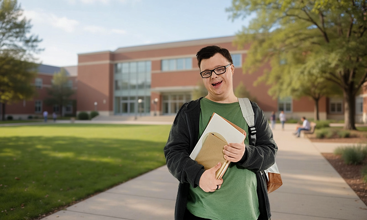 A smiling young man wearing glasses holds books and stands on a college campus walkway with a backpack over one shoulder.
