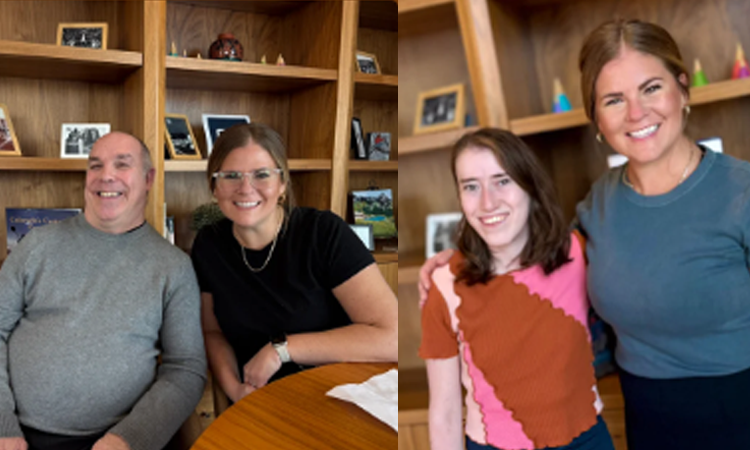Two side-by-side photos show a woman posing with a seated man at a table and with a younger woman in front of wooden bookshelves.