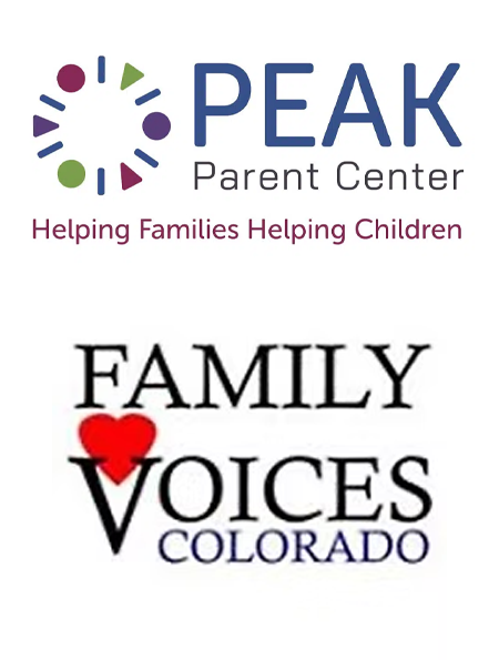 Logos for PEAK Parent Center with the tagline Helping Families Helping Children and Family Voices Colorado with a red heart in the word Voices