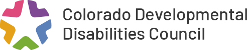 The logo for the Colorado Developmental Disabilities Council features a stylized star with five segments in pink orange green blue and purple. The organization's name is in bold black text to the right of the star.