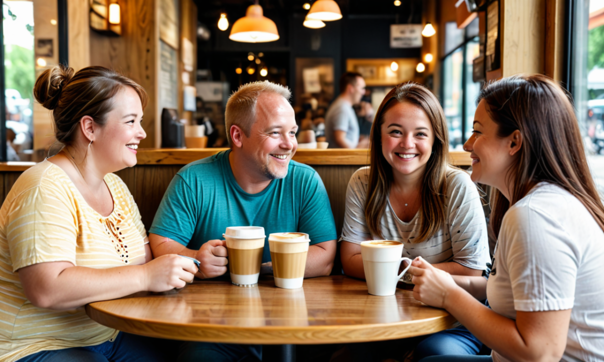 Four adults laughing at a table in a cozy cafe holding coffee cups.