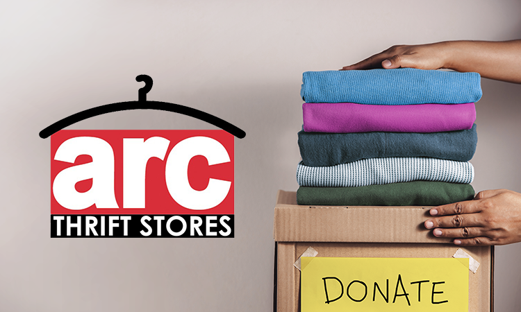 Hands placing folded clothes on a cardboard donation box. Text reads âarc thrift storesâ and âdonate.â