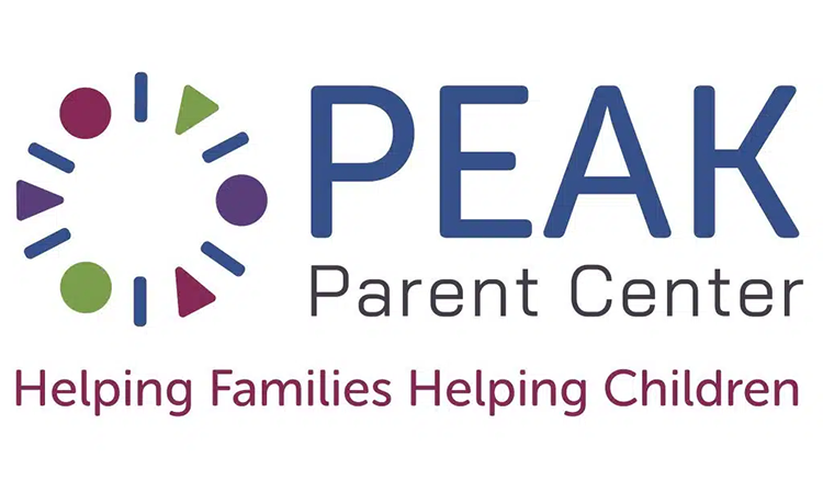 Logo reading âPEAK Parent Centerâ with a circular icon, and text below that reads âHelping Families Helping Children.â