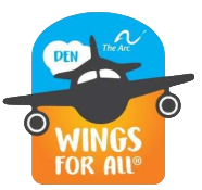 Logo with a stylized airplane and the text âDEN,â âThe Arc,â and âWINGS FOR ALL.â