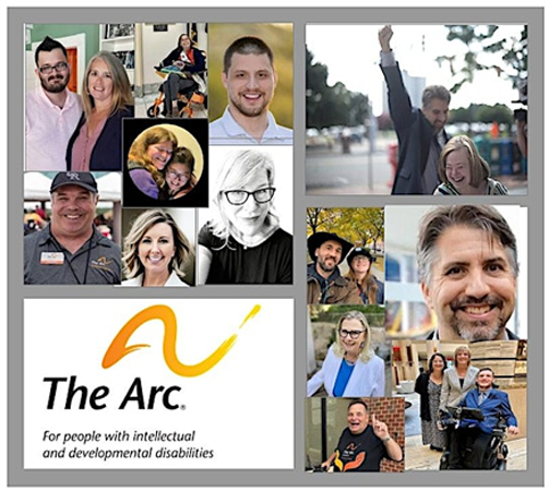 Collage of smiling people with The Arc logo and tagline For people with intellectual and developmental disabilities.