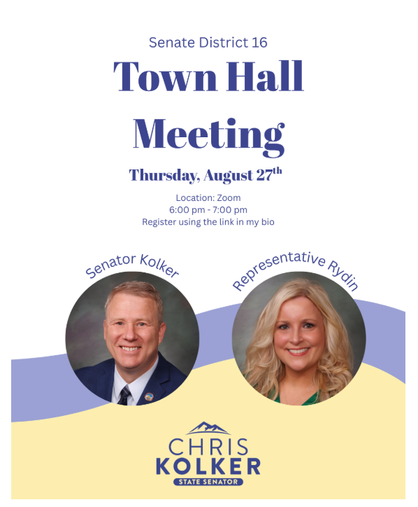 Flyer for a Senate District 16 Town Hall Meeting on Thursday, August 27, 6â7 p.m. via Zoom, featuring Senator Kolker and Representative Rydin.