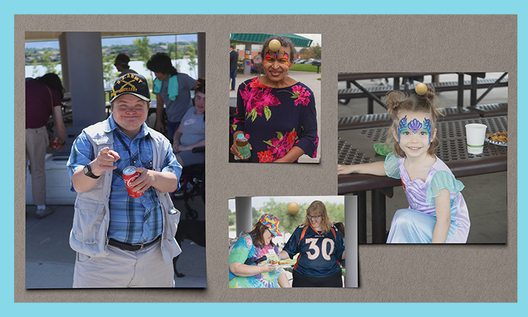 Collage of four photos from an outdoor picnic, showing attendees in colorful outfits, costumes, face paint, and casual clothing, framed by a turquoise border.