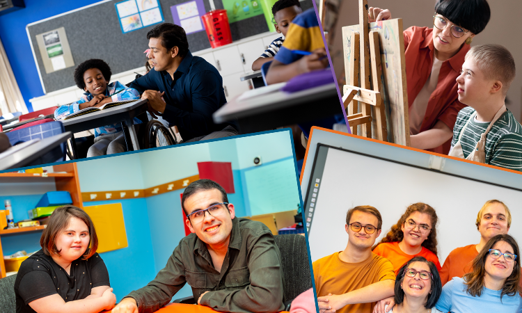 Collage showing teachers and students with disabilities. The first image shows a teacher in a classroom. The second a teacher helping a boy paint. The third a teacher with a student. The fourth a group of smiling students.