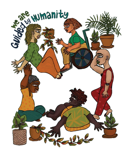 Illustration of diverse people including a person in a wheelchair sitting together with potted plants around and text saying we are guided by humanity above them in hand drawn style
