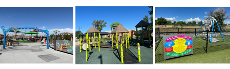 Three side-by-side photos show colorful accessible playground areas, including a shaded play structure, bright green climbing equipment, and an inclusive swing set next to a park information sign.