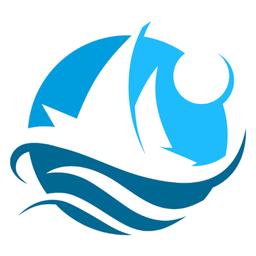 Blue and white sailboat logo with curved waves underneath