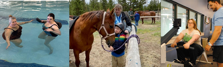 Three photos show people participating in therapeutic recreation: swimming with assistance, interacting with a horse during adaptive riding, and using a rowing machine with an instructor.
