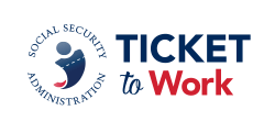 Logo for Social Security Administrationâs Ticket to Work program, with the Social Security emblem on the left and text reading âTICKET to Workâ on the right.