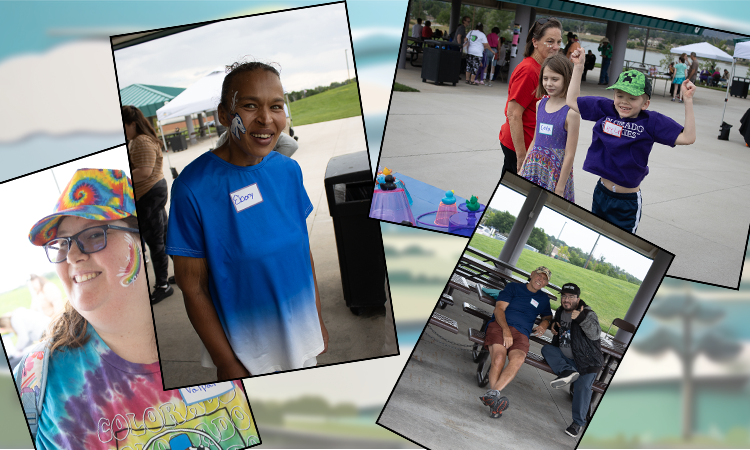 Collage of picnic attendees smiling posing dancing and relaxing outdoors