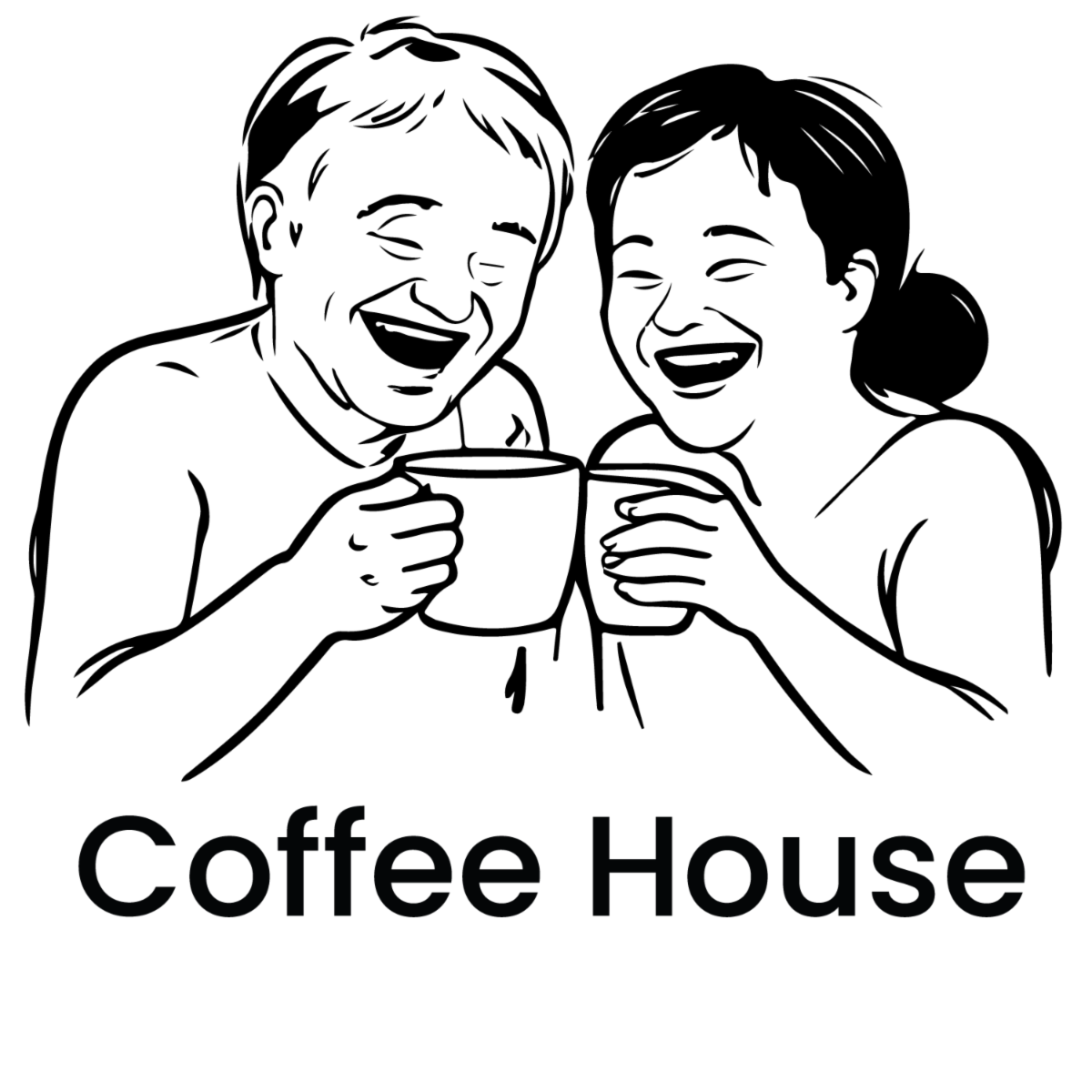 Two smiling people holding mugs above the text Coffee House in bold font.