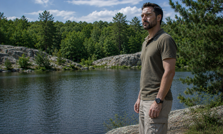 A man stands on a rocky shoreline beside a calm lake, looking out across the water. Trees and large rock formations surround the lake under a partly cloudy sky.