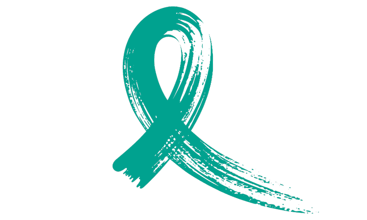 A teal awareness ribbon with a brushstroke style on a white background.