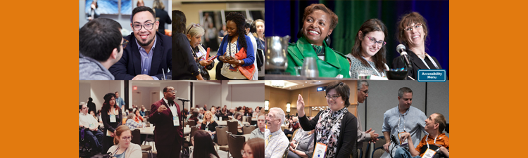 Collage of convention attendees networking, speaking, and participating in panel discussions, including a person using a wheelchair. A small logo reads â€œAccessibility Matters.â€