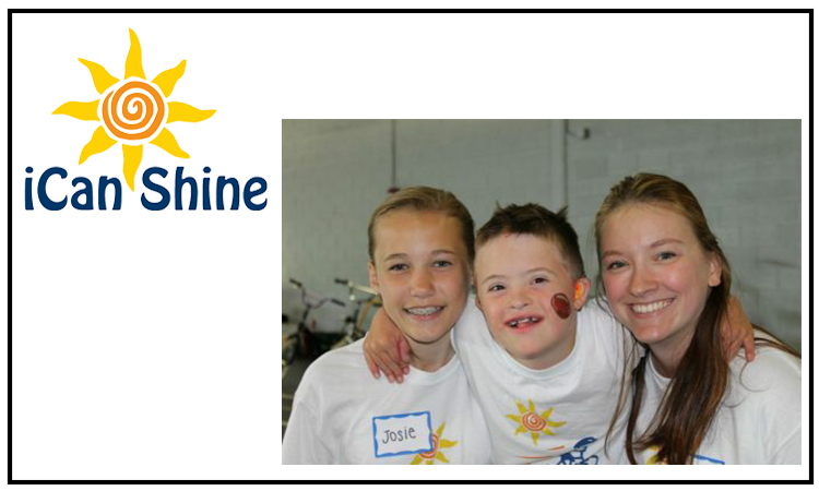 Logo reading âiCan Shineâ with a sun icon appears next to three people smiling at the camera, including a child with face paint, all wearing matching shirts.