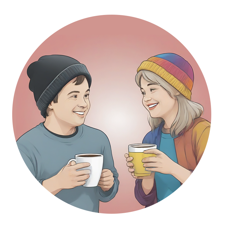 The image is a circular illustration showing two people smiling and holding mugs. One wears a black beanie and a blue sweater while the other wears a colorful striped beanie and an orange jacket over a blue shirt. The background is soft pink.