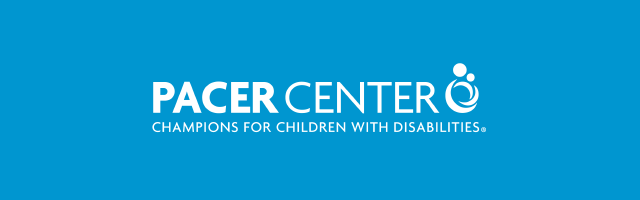 Logo for PACER Center with the text âPACER CENTERâ and tagline âCHAMPIONS FOR CHILDREN WITH DISABILITIESÂ®,â alongside a circular icon of a person and child.