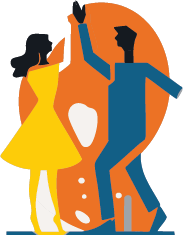 Stylized illustration of a woman in a yellow dress and a man in blue dancing with one arm raised in front of an orange background shape with white spots.