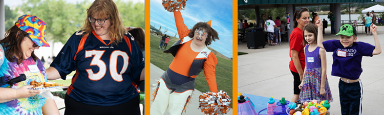 Three photo panels show people enjoying a picnic with food games and cheerleading in a festive outdoor setting with bright clothing and big smiles.