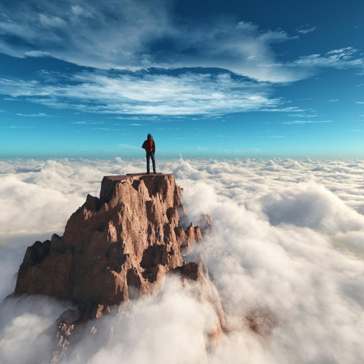 Hiker man at the top of the mountain.This is a 3d render illustration